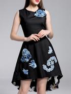 Romwe Black Embroidered Flowers High Low Dress