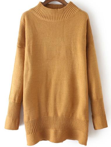 Romwe Mock Neck Bell Sleeve Khaki Sweater Dress