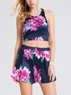 Romwe Criss Cross Back Florals Top With Shorts