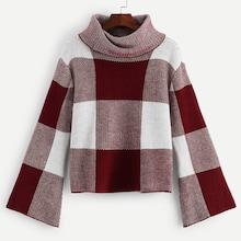 Romwe Turtleneck Bell Sleeve Checked Jumper