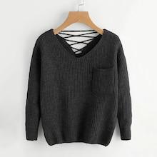 Romwe Double V Lace-up Back Chunky Knit Jumper