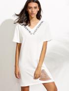 Romwe White V Neck Letter Print Ripped Cut Out Dress
