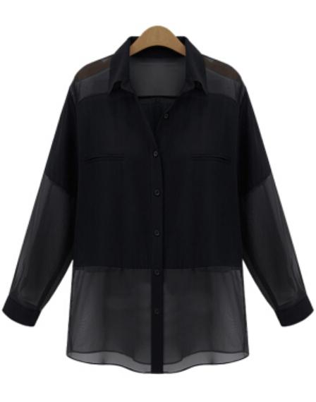Romwe Lapel Sheer Chiffon Black Blouse