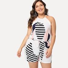 Romwe Plus Drawstring Waist Printed Halter Romper