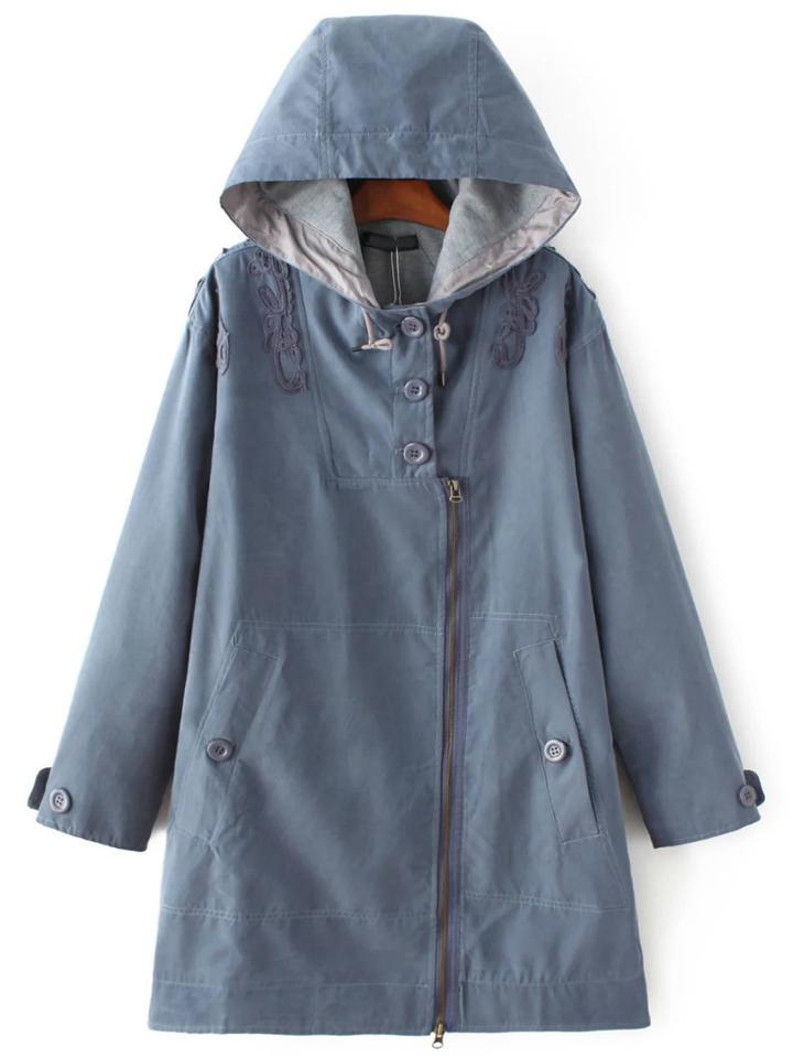 Romwe Blue Embroidery Oblique Zipper Hooded Coat