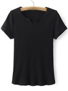 Romwe Black V Neck Short Sleeve Rib T-shirt