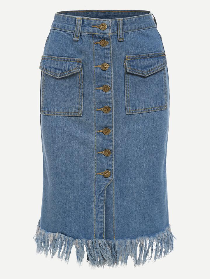 Romwe Blue Single Breasted Fringe Pockets Denim Skirt