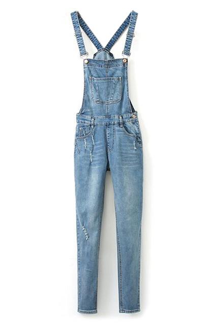 Romwe Romwe Straps Pocketed Loose Blue Denim Jumpsuit