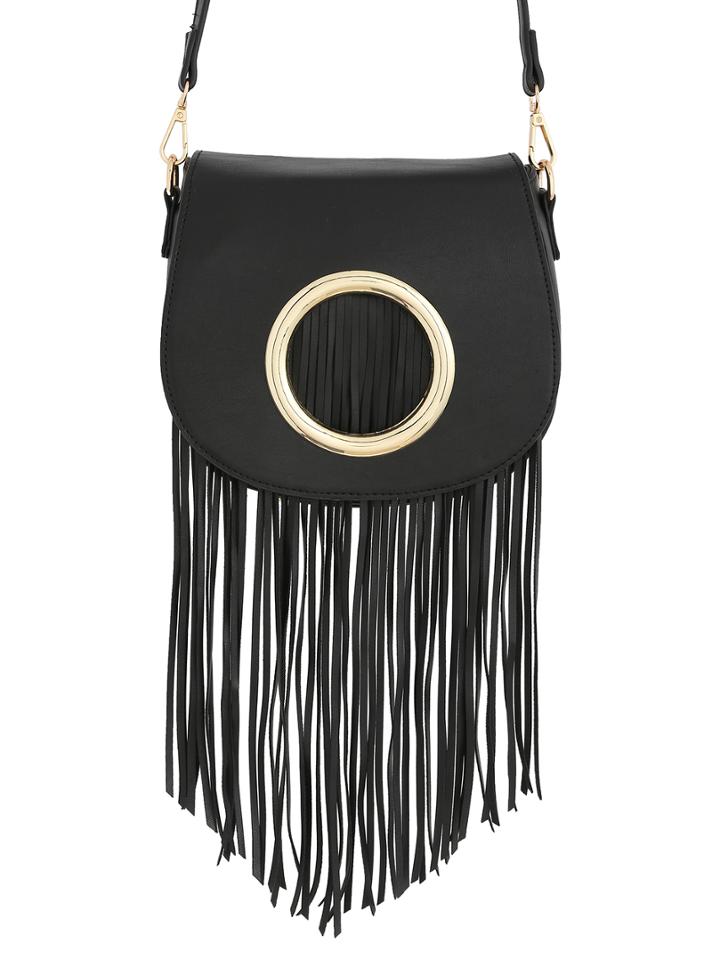 Romwe Ring Stud Flap Adjustable Strap With Tassel Saddle Bag