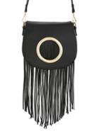 Romwe Ring Stud Flap Adjustable Strap With Tassel Saddle Bag