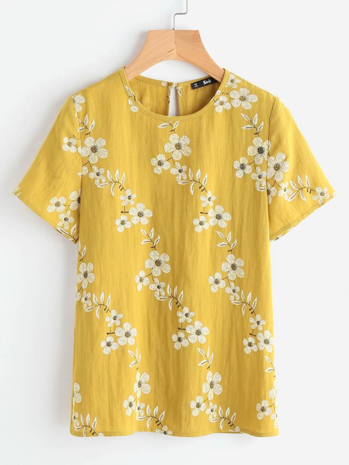 Romwe Flower Print Keyhole Back Blouse