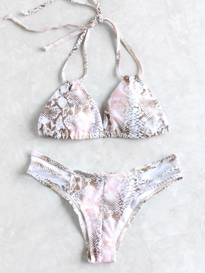 Romwe Snake Print Ladder Cutout Triangle Bikini Set