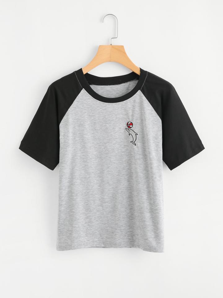 Romwe Animal Embroidered Raglan Sleeve Tee