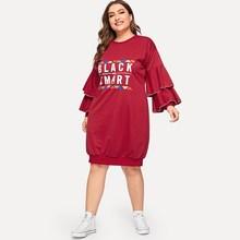 Romwe Plus Letter Print Flounce Sleeve Sweatshirt Dress