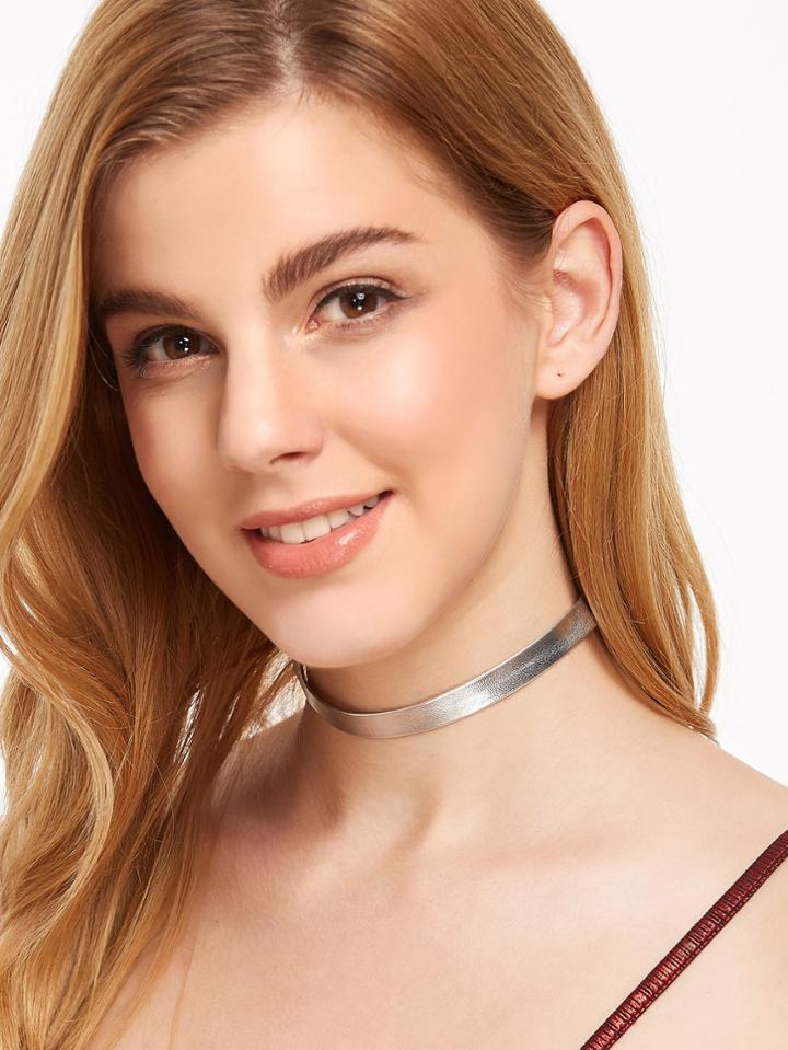 Romwe Silver Shiny Pu Leather Thin Choker Necklace