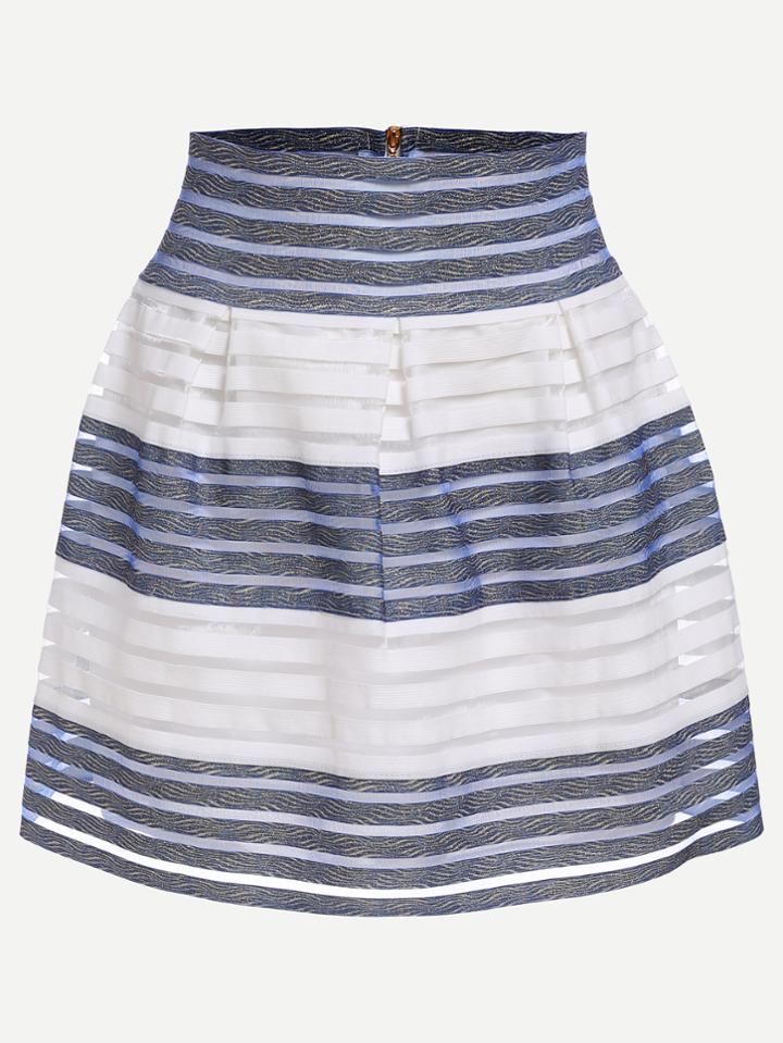 Romwe Contrast Glitter Striped Mesh Pleated Volume Skirt