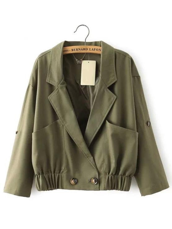 Romwe Notch Lapel Pockets Army Green Jacket
