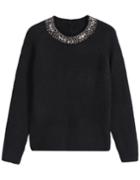Romwe Embroidered Loose Knit Black Sweater