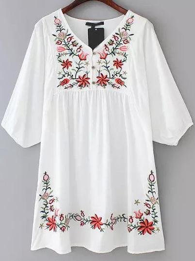 Romwe White V Neck Embroidered Loose Dress
