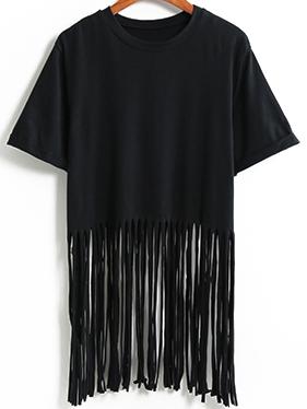 Romwe Black Short Sleeve Tassel T-shirt