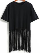 Romwe Black Short Sleeve Tassel T-shirt