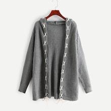 Romwe Plus Lace Up Hooded Knit Coat