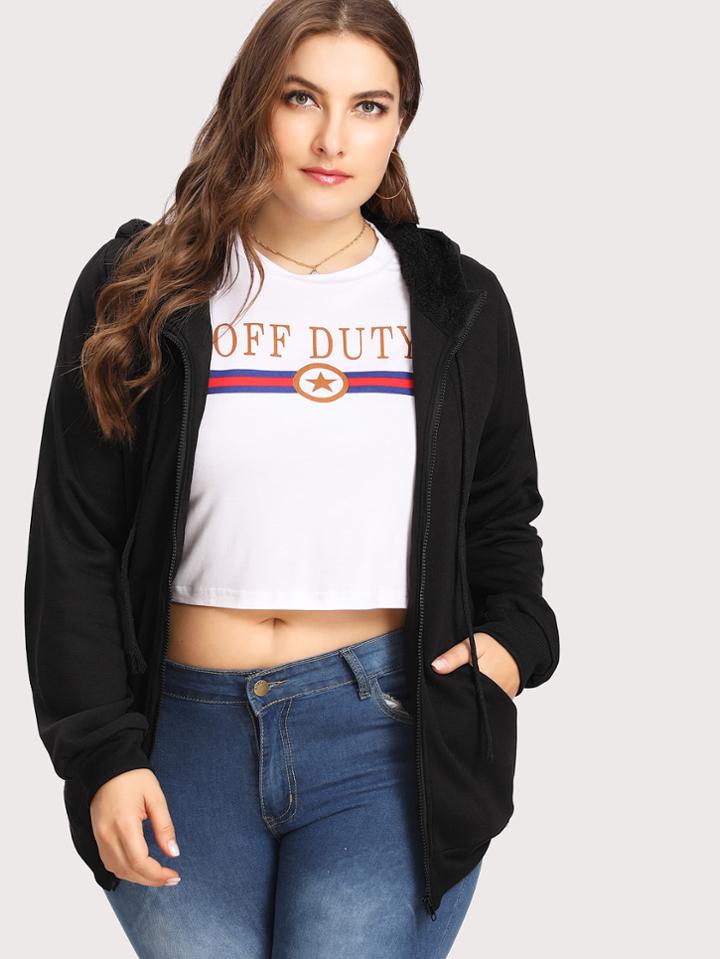 Romwe Faux Shearling Hooded Jacket