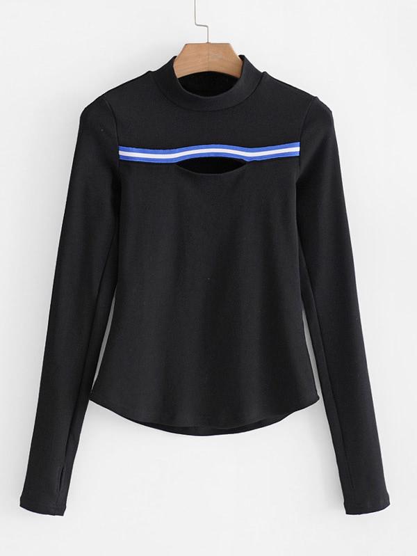 Romwe Striped Tape Detail T-shirt