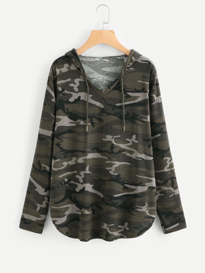 Romwe Curved Hem Camo Hooded Tee