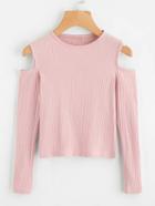 Romwe Cold Shoulder Ribbed Knit Sweater