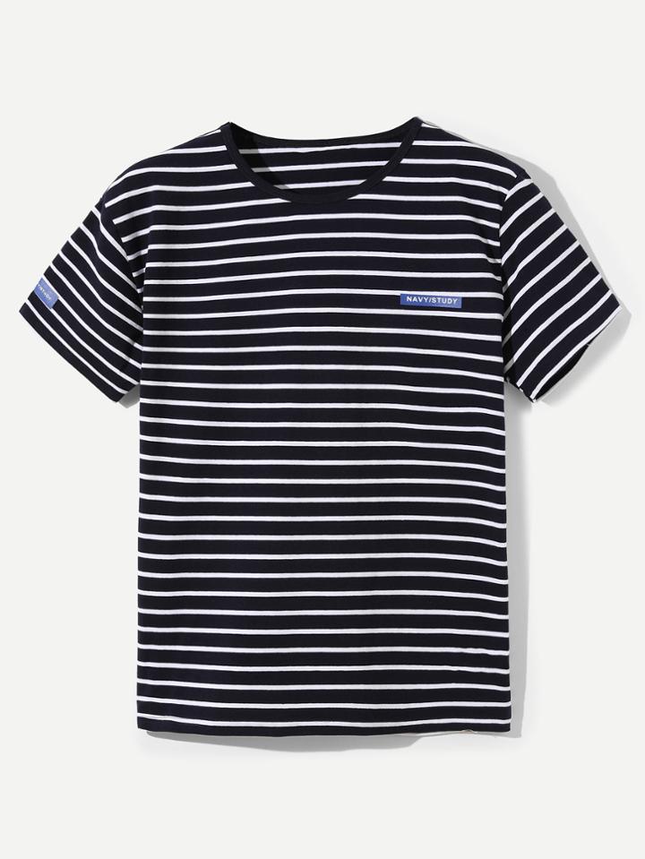 Romwe Men Letter Print Striped Tee