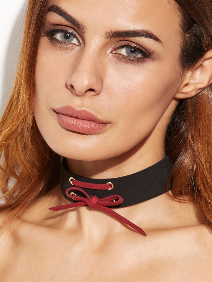 Romwe Burgundy And Black Lace Up Bow Choker Necklace