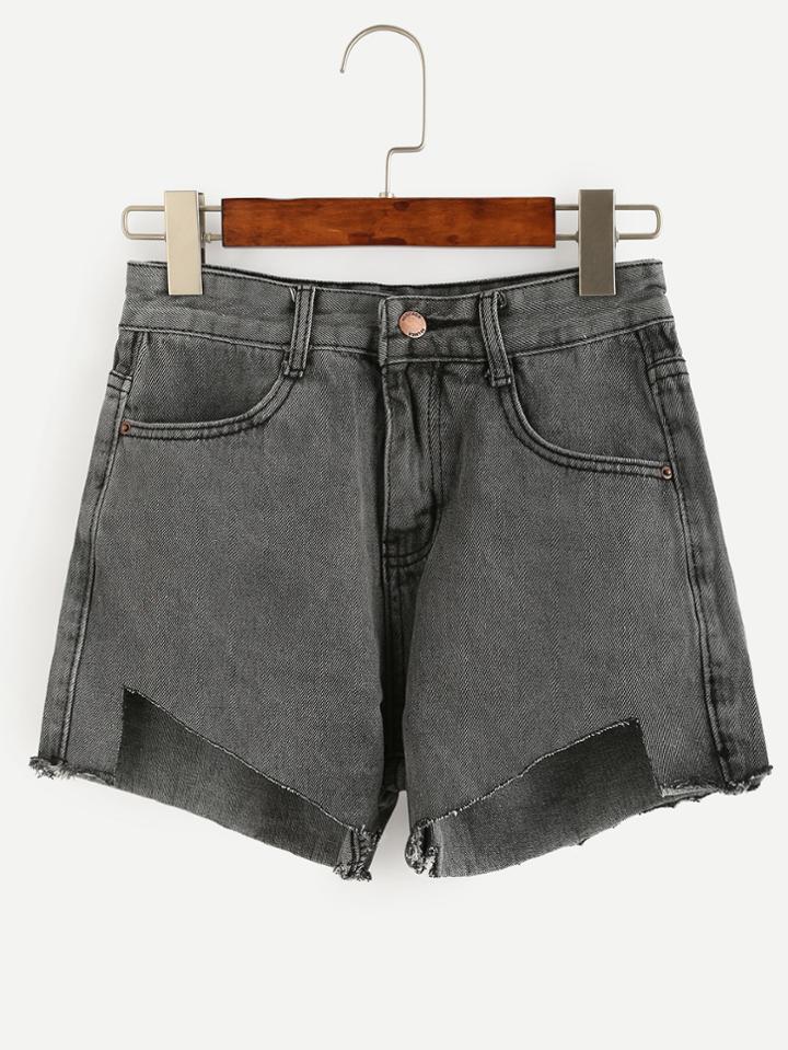 Romwe Dark Grey Asymmetric Hem Denim Shorts