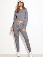 Romwe Heather Grey Ripped Crop Sweatshirt With Pants