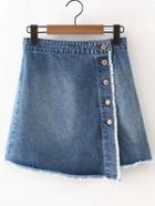 Romwe Blue Buttons Split Side Fringed Denim Skirt