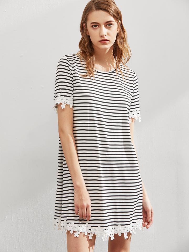 Romwe Floral Lace Trim Striped Tee Dress