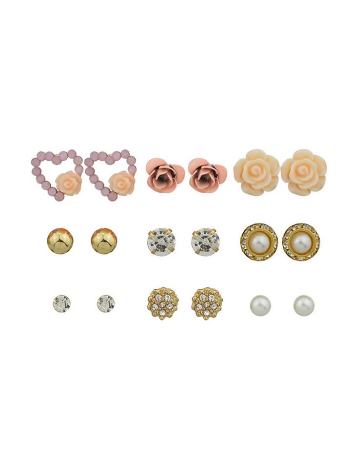 Romwe Heart And Flower Earring Set 9pairs