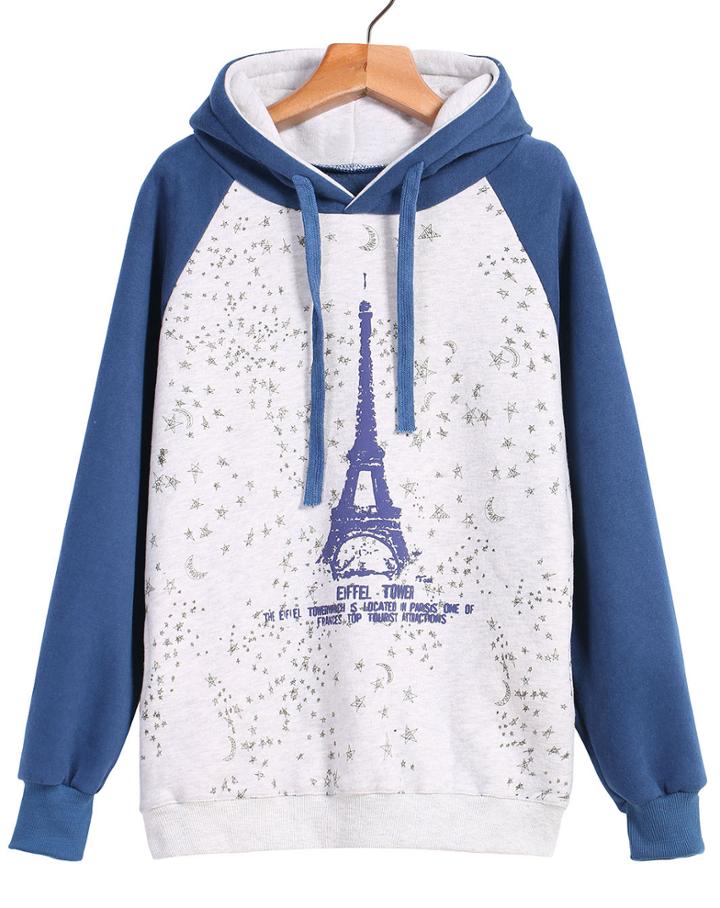Romwe Eiffel Tower Print Hooded Sweatshirt