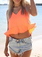 Romwe Ruffle Hem Backless Crop Spaghetti Strap Blouses