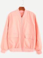 Romwe Pink Pockets Zip Up Bomber Jacket