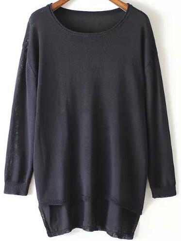 Romwe Dip Hem Split Navy Sweater