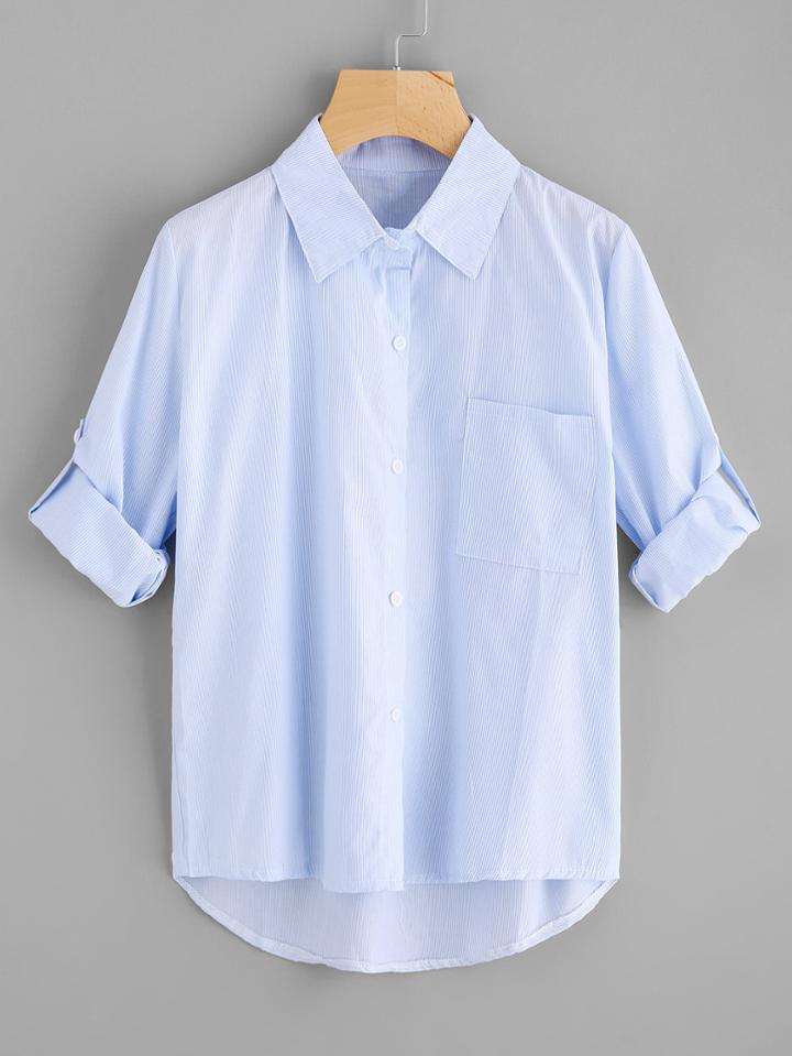 Romwe Rolled Sleeve Pinstriped Dip Hem Shirt