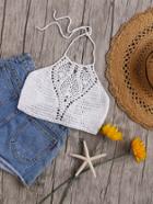 Romwe White Hollow Out Crochet Halter Neck Top