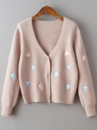 Romwe Pale Pink Heart Embroidery Hidden Button Ribbed Sweater Coat