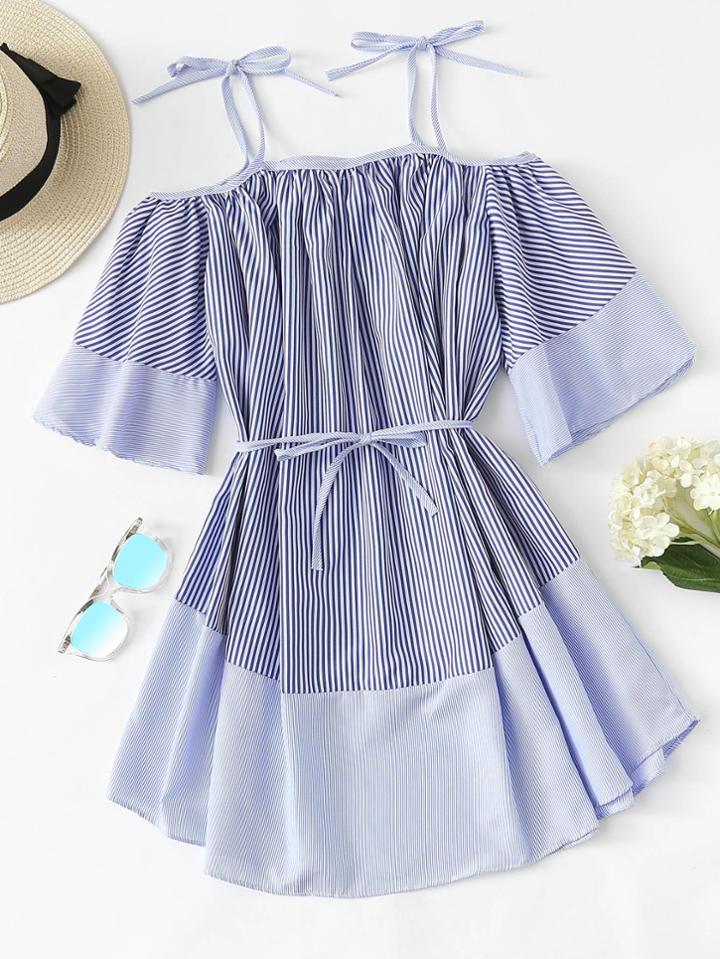 Romwe Open Shoulder Self Tie Waist Striped Dress