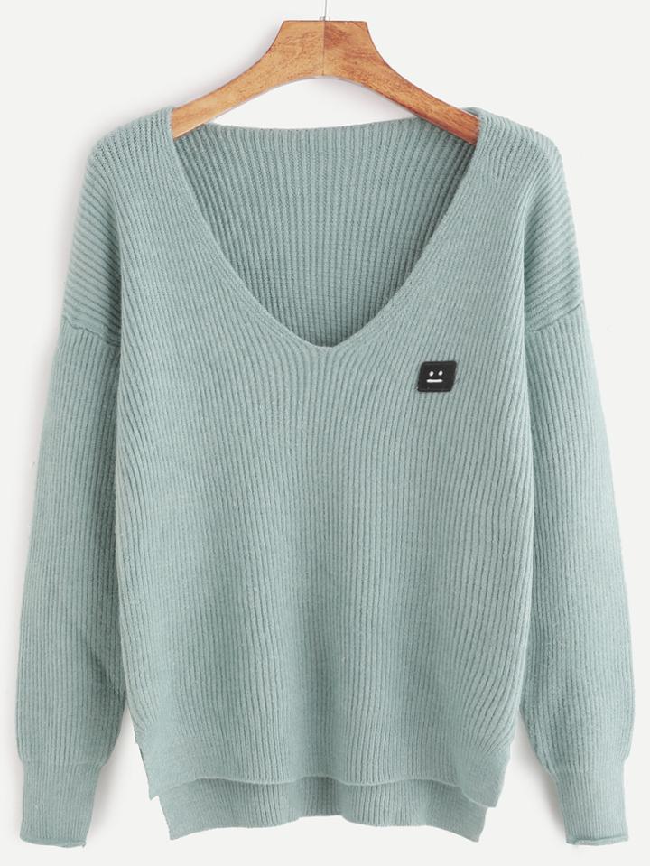 Romwe Pale Green Dip Hem Emoji Patch Ribbed Knit Sweater
