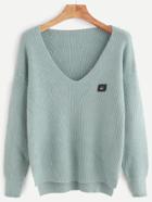 Romwe Pale Green Dip Hem Emoji Patch Ribbed Knit Sweater