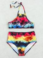 Romwe Palm Tree Print High Waist Halter Bikini Set