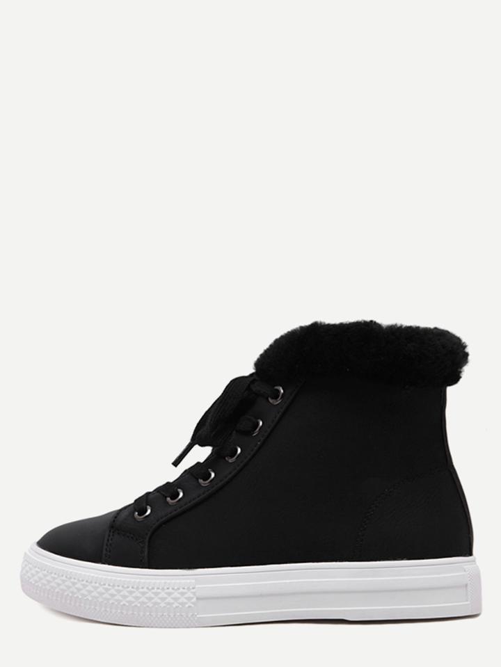 Romwe Black Faux Leather Rubber Sole Fur Cuff  Flat Booties
