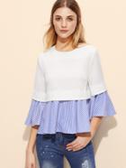 Romwe White And Blue Striped Ruffle Top